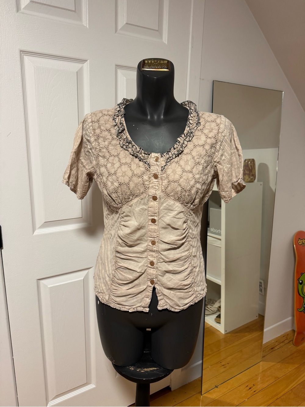 Women’s Cream Short-Sleeve Button Front Top with Ruffle Trim